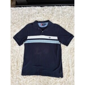 Chaps Mens Polo Shirt‎ Large Navy Blue Striped Short Sleeve Casual Golf